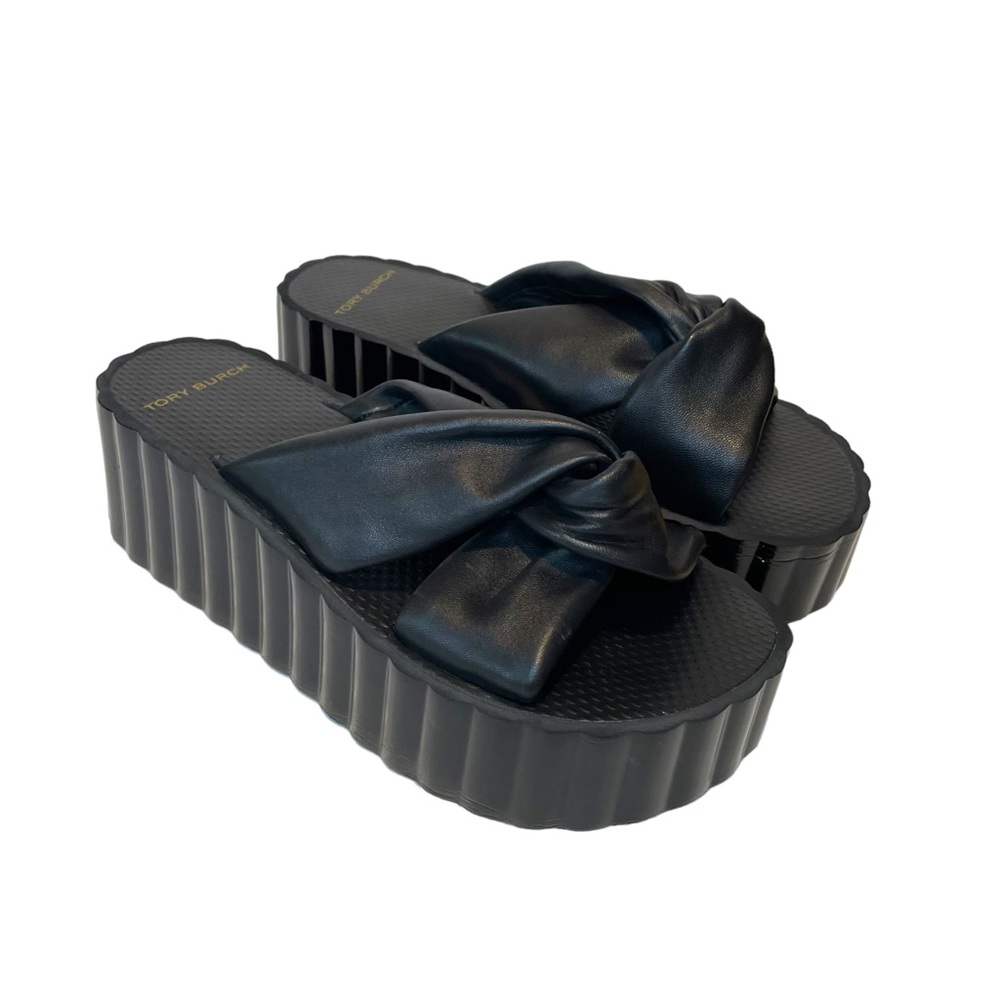 Tory Burch Black Leather Eva Sole Knotted Scallop Platform Wedge Sandals 8